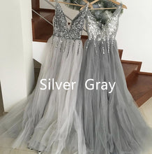 Load image into Gallery viewer, Sparkly Crystal Beaded V-neck Tulle Split Evening Dresses