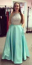 Load image into Gallery viewer, Jewelry Neck Sage Green Satin Prom Dresses Open Back