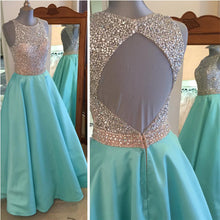 Load image into Gallery viewer, Jewelry Neck Sage Green Satin Prom Dresses Open Back