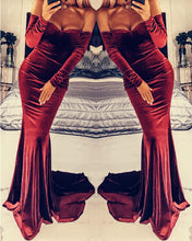Load image into Gallery viewer, Burgundy-Evening-Dresses-Velvet-Long-Sleeves-Prom-Gowns-Mermaid
