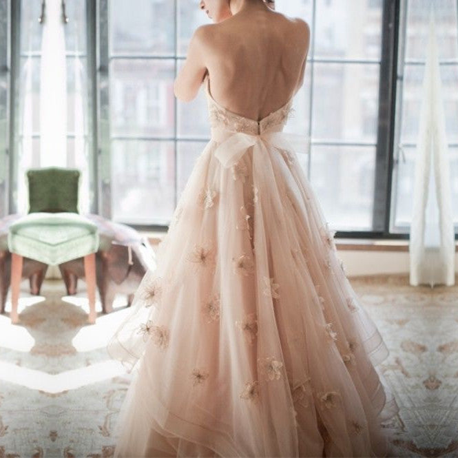 Romantic Sweetheart Bow Back Wedding Dresses Lace Appliques – alinanova