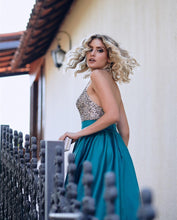 Load image into Gallery viewer, Sparkly Beaded Halter Satin Evening Gowns Long Backless Prom Dress