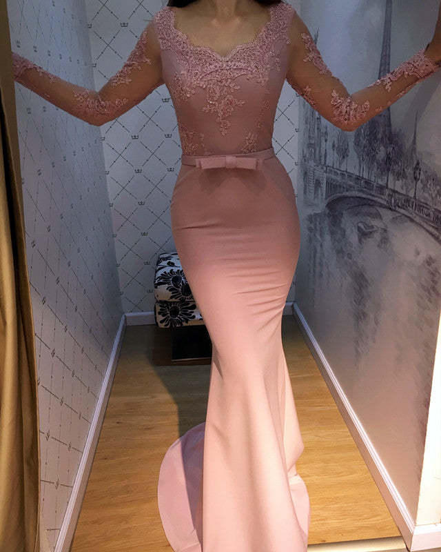 Illusion Long Sleeves V-neck Mermaid Prom Dresses Lace Appliques Evening Gown Illusion Long Sleeves V-neck Mermaid Prom Dresses Lace Appliques Evening Gown