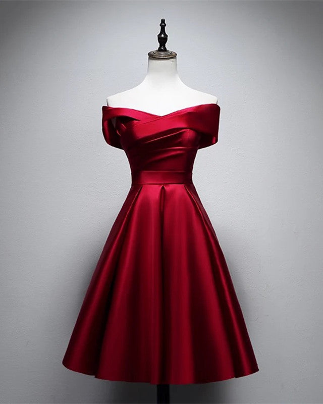 a line bridesmaid dresses short A-line Off The Shoulder Satin None Closure Light blue bridesmaid dresses open back red prom Color:Vermilion