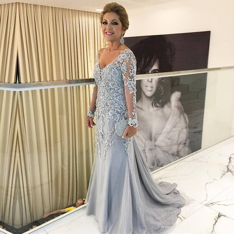 Silver Lace Appliques Long Sleeves Mermaid Evening Dresses For Mother Of The Bride Silver Lace Appliques Long Sleeves Mermaid Evening Dresses For Mother Of The Bride