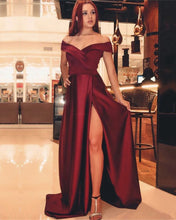 Load image into Gallery viewer, Burgundy-V-neck-Off-The-Shoulder-Prom-Long-Dresses-2019