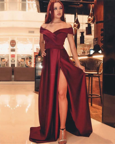 Burgundy-V-neck-Off-The-Shoulder-Prom-Long-Dresses-2019
