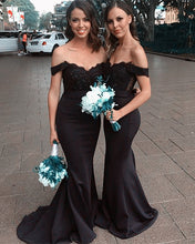 Load image into Gallery viewer, Long-Mermaid-Black-Lace-Appliques-Bridesmaid-Dress-Off-The-Shoulder-Formal-Gowns