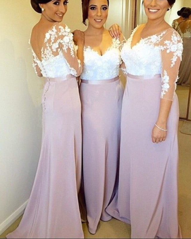 Modest 3/4 Sleeves Floor Length Bridesmaid Dresses Lace Appliques Modest 3/4 Sleeves Floor Length Bridesmaid Dresses Lace Appliques