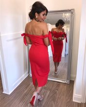 Load image into Gallery viewer, Sweetheart Off The Shoulder Sheath Bridesmaid Dresses Knee Length