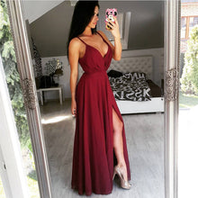 Load image into Gallery viewer, Long Chiffon V-Neck Prom Dresses Slit Evening Gowns