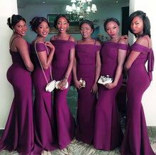 Load image into Gallery viewer, Sexy Off The Shoulder Long Burgundy Mermaid Bridesmaid Dresses