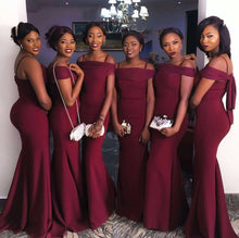 Load image into Gallery viewer, Sexy Off The Shoulder Long Burgundy Mermaid Bridesmaid Dresses
