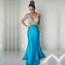 Load image into Gallery viewer, Gorgeous Beaded Long Satin V Neck Mermaid Evening Dresses