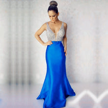 Load image into Gallery viewer, Gorgeous Beaded Long Satin V Neck Mermaid Evening Dresses