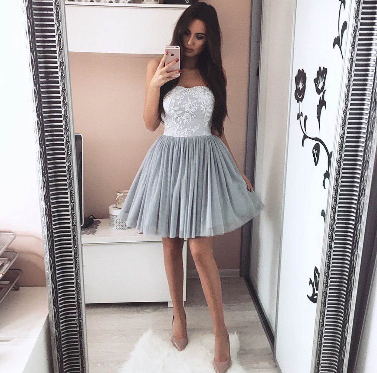 blue dress for baby girl Cute A Line Strapless Blue Sparkly Satin Short Homecoming Dresses VK073129  – Vickidress