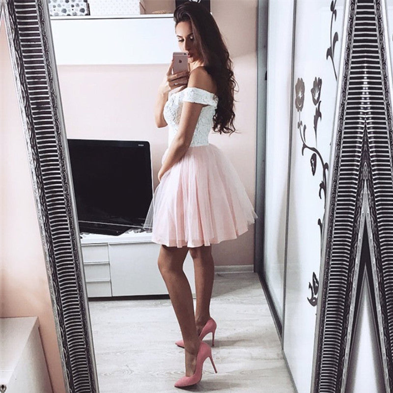 White Lace V-neck Off The Shoulder Tulle Homecoming Dresses