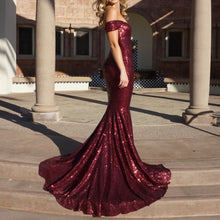 Load image into Gallery viewer, Sparkly Sequin Off The Shoulder Mermaid Evening Dresses