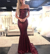 Load image into Gallery viewer, Sparkly Sequin Off The Shoulder Mermaid Evening Dresses