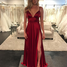 Load image into Gallery viewer, Sexy Deep V Neck Long Satin Burgundy Evening Dresses-alinanova
