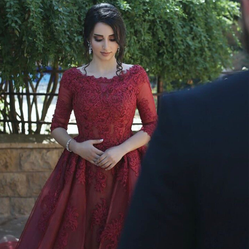 Modest Burgundy Tulle Prom Dresses With Lace Sleeves