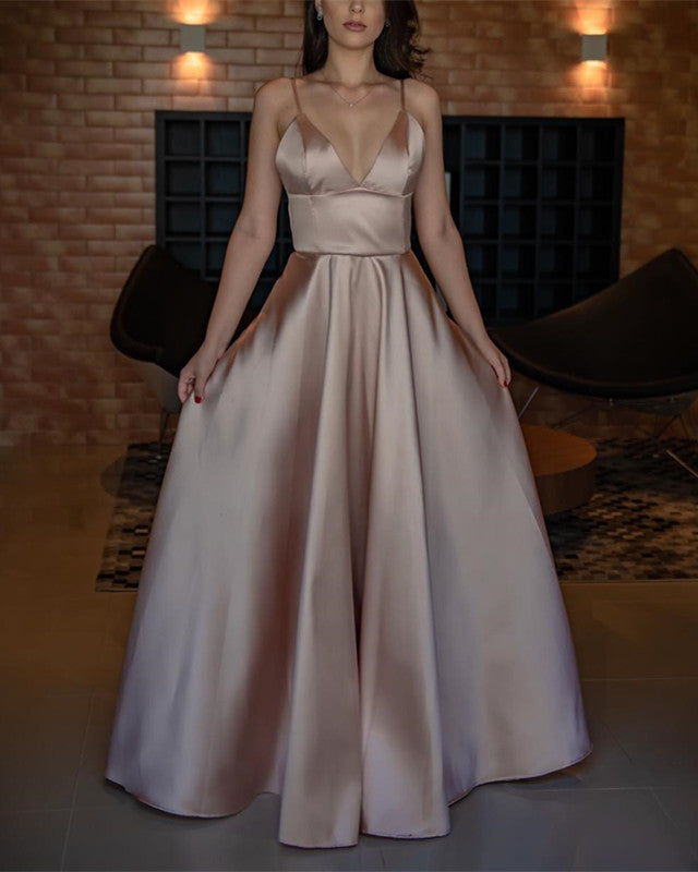 Spaghetti Straps V-neck Long Satin Prom Dresses Floor Length Evening G alinanova Spaghetti Straps V-neck Long Satin Prom Dresses Floor Length Evening G alinanova