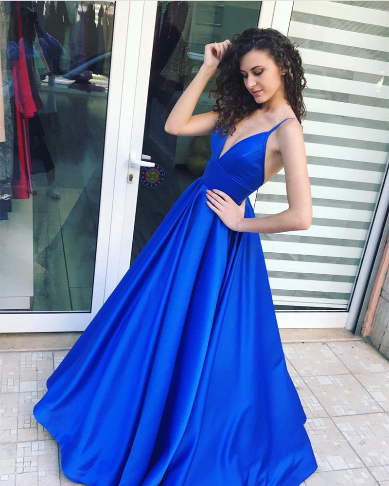 Deep V-Neck Long Satin Royal Blue Evening Dresses Deep V-neck Long Satin Royal Blue Evening Dresses – alinanova