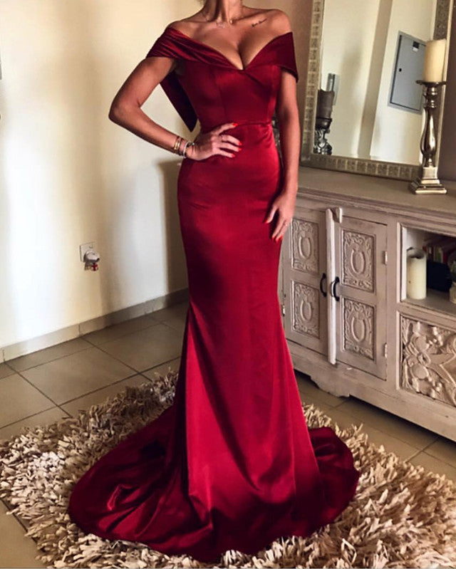 Elegant V-Neck Off The Shoulder Long Satin Evening Dresses Mermaid Prom Gowns