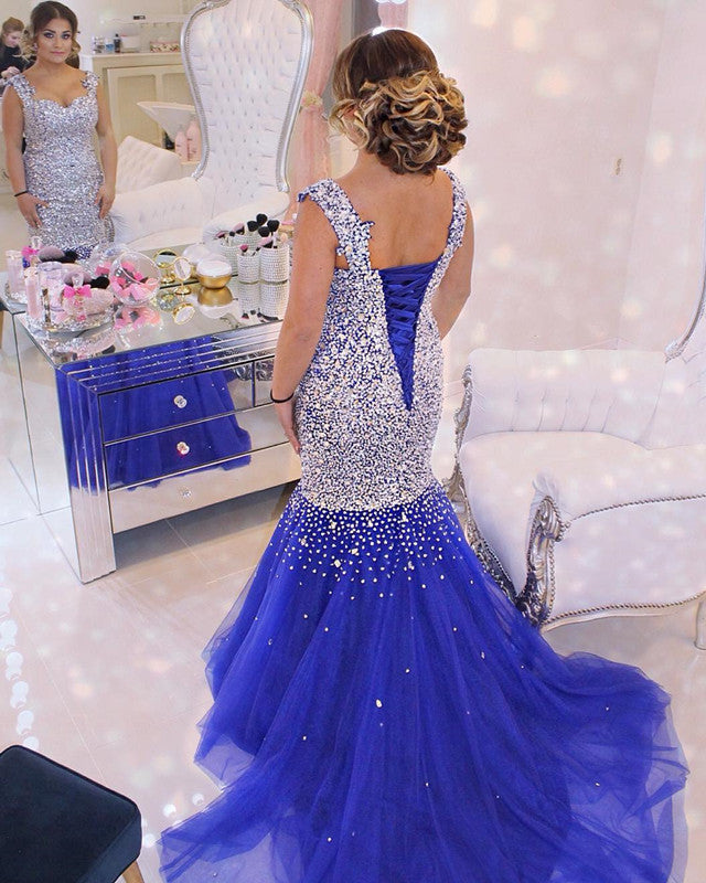 Fully Crystal Beaded Royal Blue Tulle Mermaid Prom Dresses Fully Crystal Beaded Royal Blue Tulle Mermaid Prom Dresses