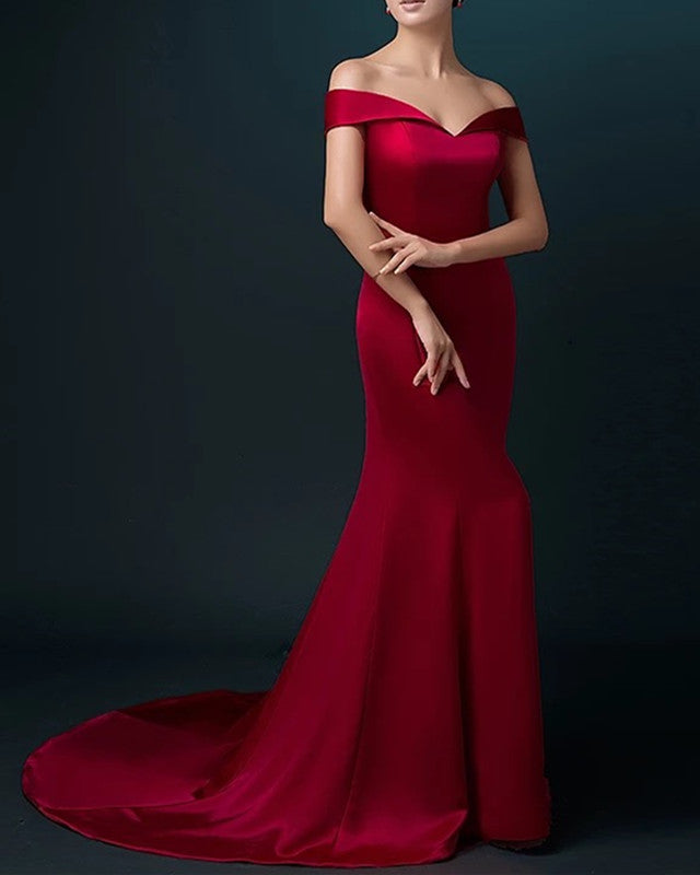 satin off the shoulder mermaid bridesmaid dress V-neck Off The Shoulder Satin Long Mermaid Bridesmaid Dresses