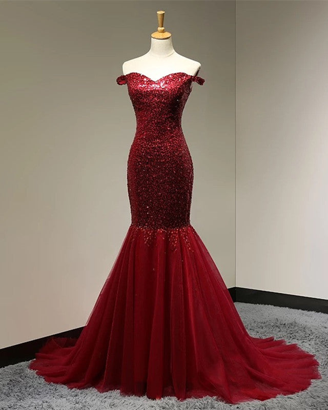 red sequin sweetheart dress Coral Red Sequins Evening Gown with Off Shoulder Sweetheart Neckline