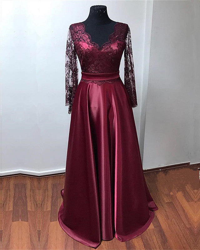 Deep V-neck Long Satin Puffy Sleeves Prom Dresses Lace Appliques Deep V-neck Long Satin Puffy Sleeves Prom Dresses Lace Appliques