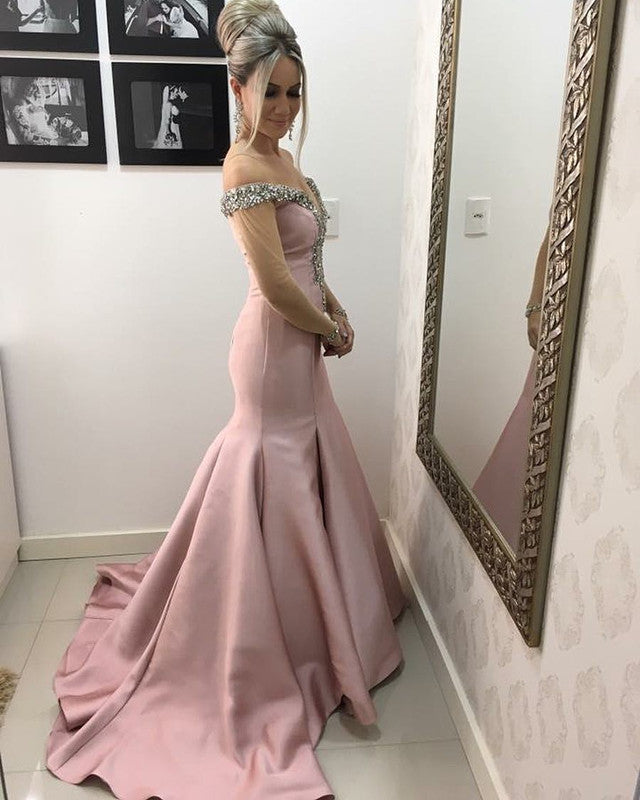 Pale Pink Satin Beaded Mermaid V-neck Prom Dress Off Shoulder Evening Gowns Pale Pink Satin Beaded Mermaid V-neck Prom Dress Off Shoulder Evening Gowns