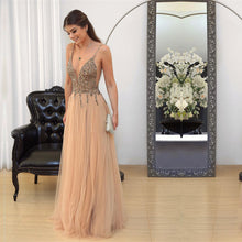 Load image into Gallery viewer, Tulle Floor Length Prom Dresses Beaded V Neck