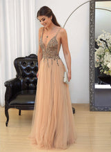 Load image into Gallery viewer, Tulle Floor Length Prom Dresses Beaded V Neck