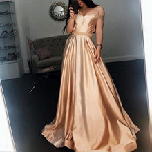 Load image into Gallery viewer, Long Champagne V Neck Evening Dress Off Shoulder Prom Gowns-alinanova