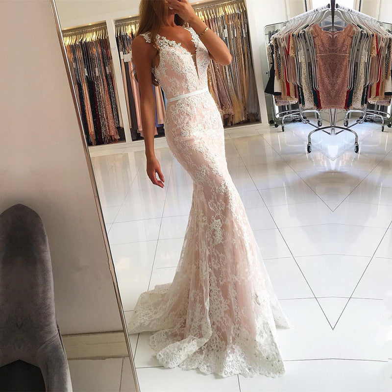 Blush Tulle V Neck Mermaid Prom Dresses Ivory Lace Appliques