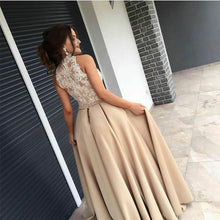 Load image into Gallery viewer, Ivory Lace Appliques Halter Long Champagne Mermaid Evening Dresses