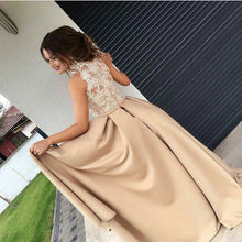 Load image into Gallery viewer, Ivory Lace Appliques Halter Long Champagne Mermaid Evening Dresses
