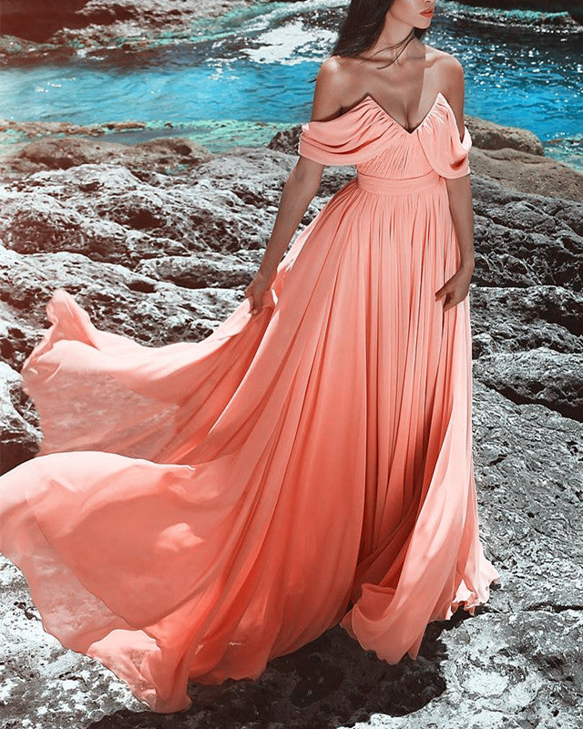 Sexy Ruched V-neck Long Chiffon Prom Dresses Off The Shoulder Sexy Ruched V-neck Long Chiffon Prom Dresses Off The Shoulder