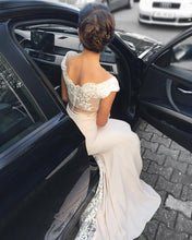 Load image into Gallery viewer, White Lace Appliques V-neck Mermaid Court Train Bridesmaid Dresses
