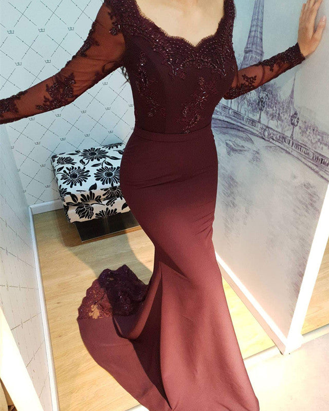 Lace Appliques Long Sleeves V-Neck Mermaid Bridesmaid Dresses