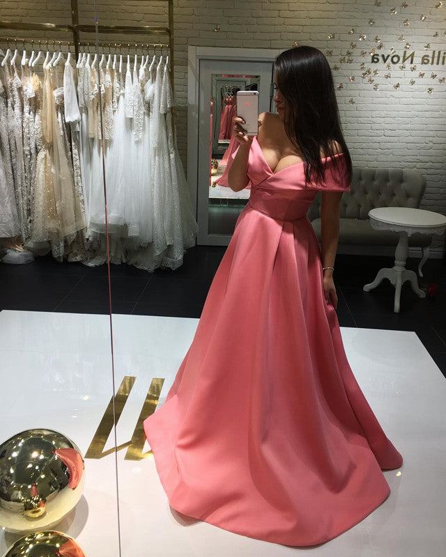 Cute A-line V-neck Off Shoulder Empire Prom Dress Satin Floor Length G alinanova Cute A-line V-neck Off Shoulder Empire Prom Dress Satin Floor Length G alinanova