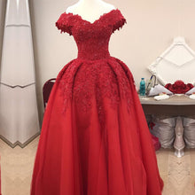 Load image into Gallery viewer, Burgundy Lace Off Shoulder Tulle Floor Length Evening Gowns