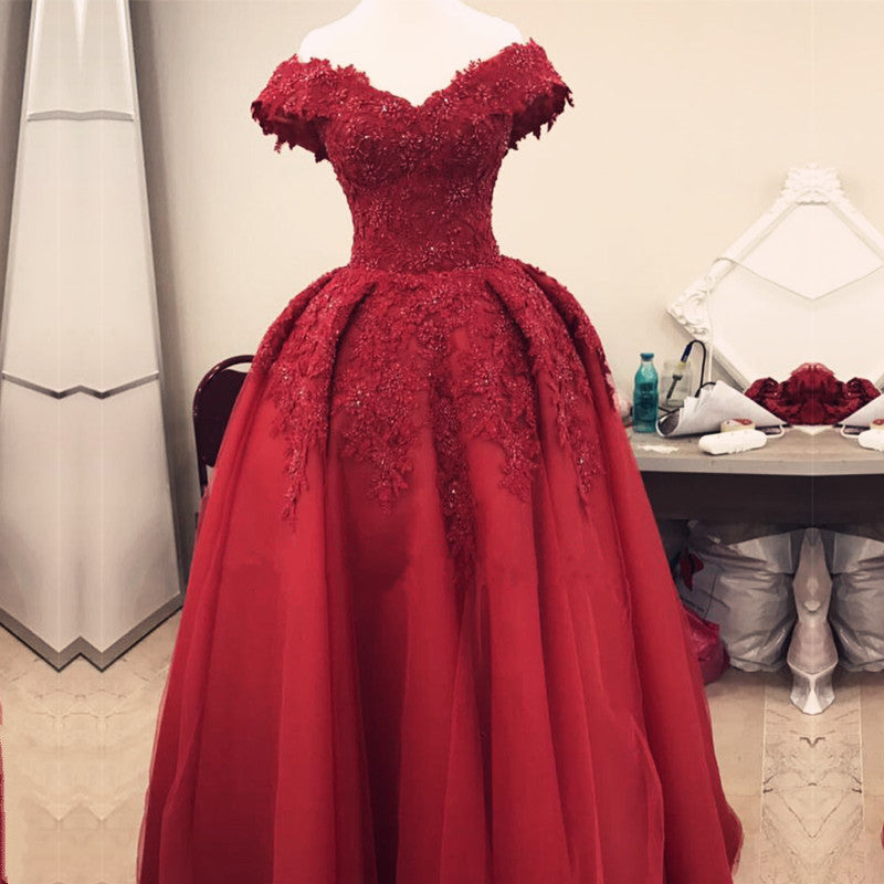 Burgundy Lace Off Shoulder Tulle Floor Length Evening Gowns Burgundy Lace Off Shoulder Tulle Floor Length Evening Gowns