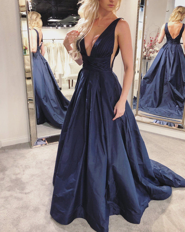 Navy Blue Long Taffeta Backless Prom Dresses – alinanova