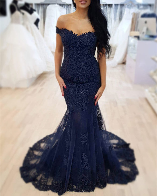 Navy Blue Lace V-neck Off The Shoulder Mermaid Prom Dresses Navy Blue Lace V-neck Off The Shoulder Mermaid Prom Dresses