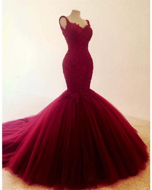 Elegant Lace Embroidery Sweetheart Mermaid Tulle Prom Evening Dresses