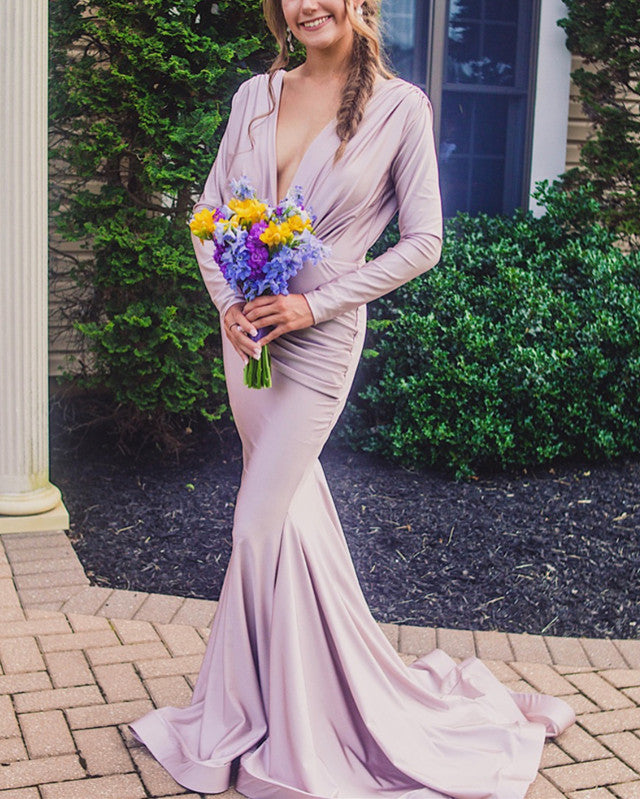 Long Sleeves Open Back Mermaid V-neck Bridesmaid Dresses Long Sleeves Open Back Mermaid V-neck Bridesmaid Dresses