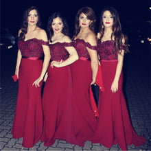 Load image into Gallery viewer, Burgundy Bridesmaid Dresses Mermaid Sweetheart Off Shoulder Formal Gowns